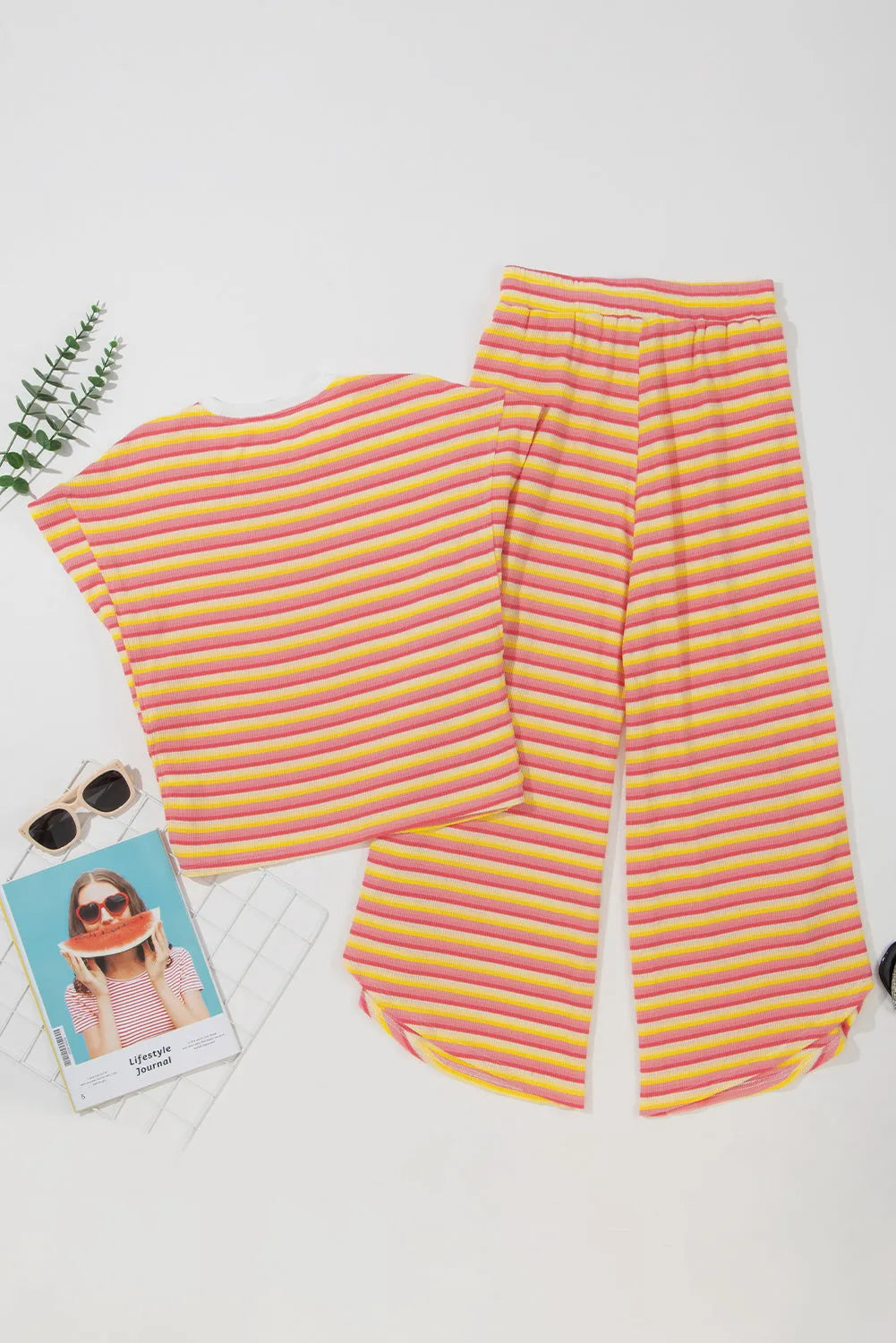 Yellow Stripe Rainbow Tee Tasseled String Wide Leg Pants Set - Chic Meadow Boutique 