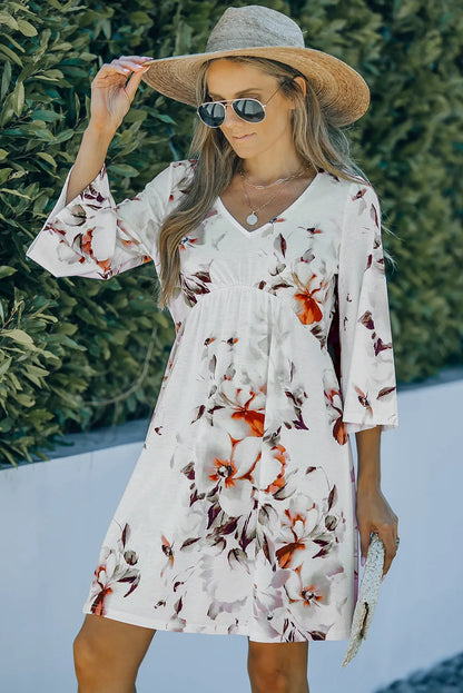 White V Neck 3/4 Sleeve Floral Dress - Chic Meadow Boutique 