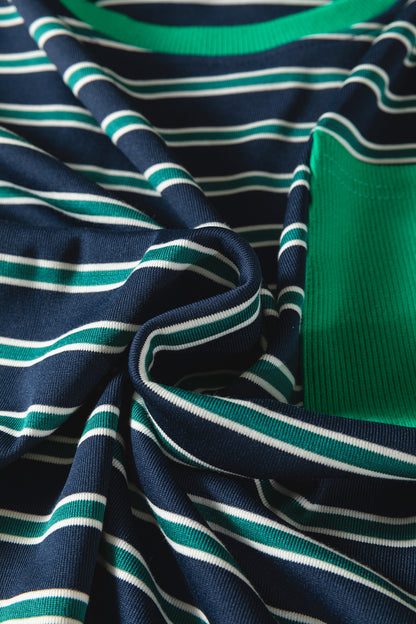 Green Stripe Ribbed Color Block Patchwork Crew Neck Patch Pocket Long Sleeve Top