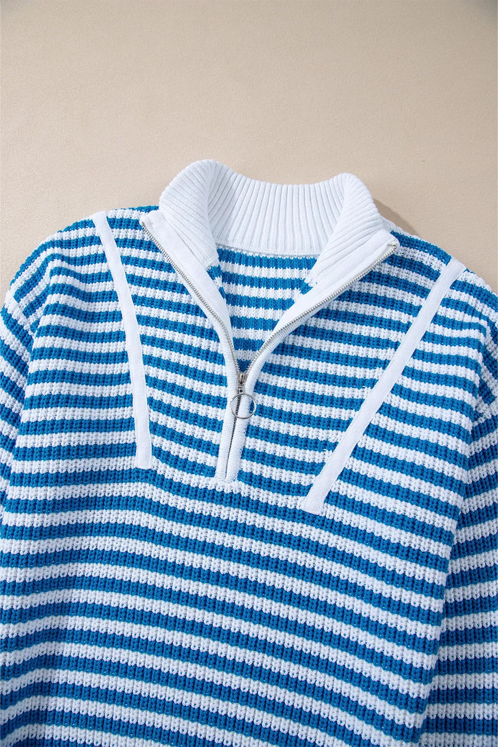 Sky Blue Stripe Zip up Collar Drop Shoulder Sweater - Chic Meadow Boutique 