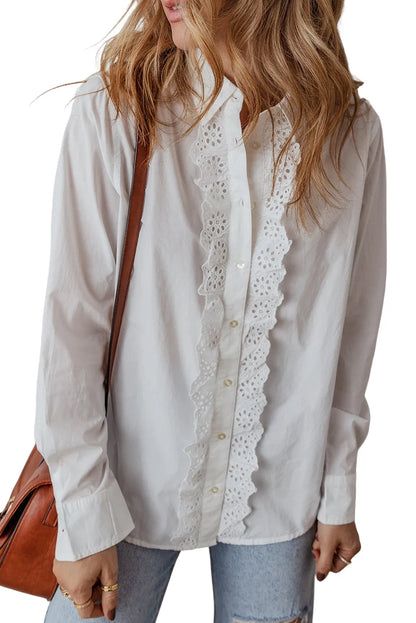 White Lace Crochet Trim Turn Down Collar Buttoned Shirt - Chic Meadow Boutique 