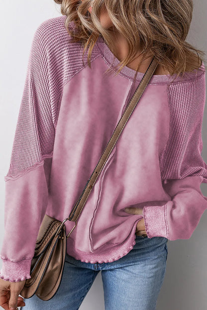 Pink Solid Waffle Knit Patchwork Raglan Sleeve Sweatshirt - Chic Meadow Boutique 