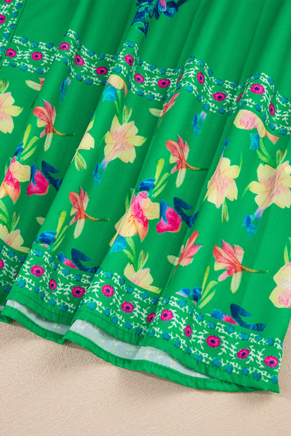 Green Floral Print Contrast Trim Knotted Straps Midi Dress