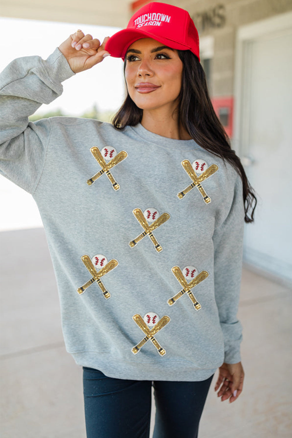 Gray Sequin Baseball Game Day Graphic Casual Sweatshirt