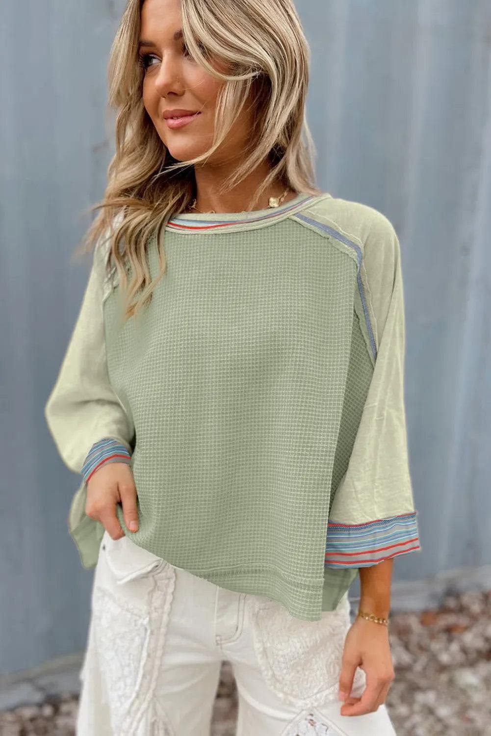 Tops/Long Sleeve Tops Meadow Mist Green Waffle Knit Wide Bracelet Sleeve Patchwork Raglan Top