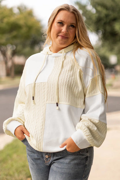 Beige Textured Patchwork Exposed Seam Plus Size Hoodie - Chic Meadow Boutique 