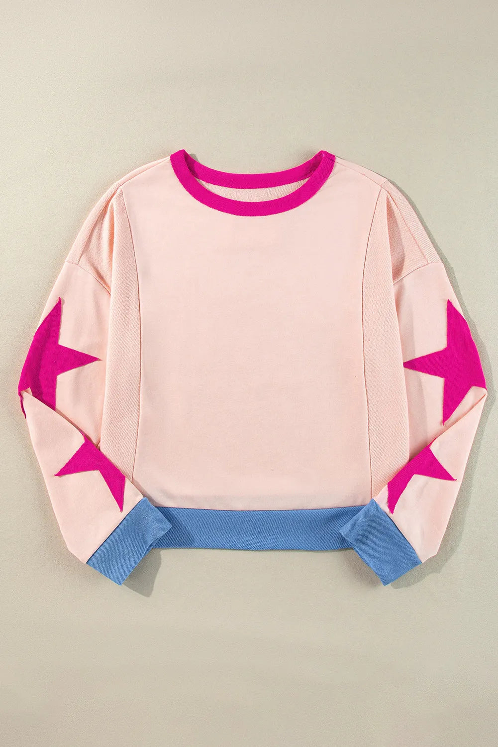 Light Pink Star Patchwork Exposed Seam Oversized Sweatshirt - Chic Meadow Boutique 