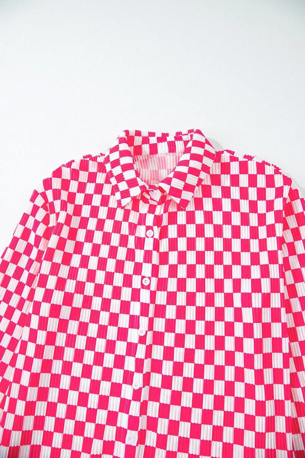 Loungewear & Sleepwear/Sleepwear Pink Checkered Buttoned Shirt and High Waist Pants Pajama Set