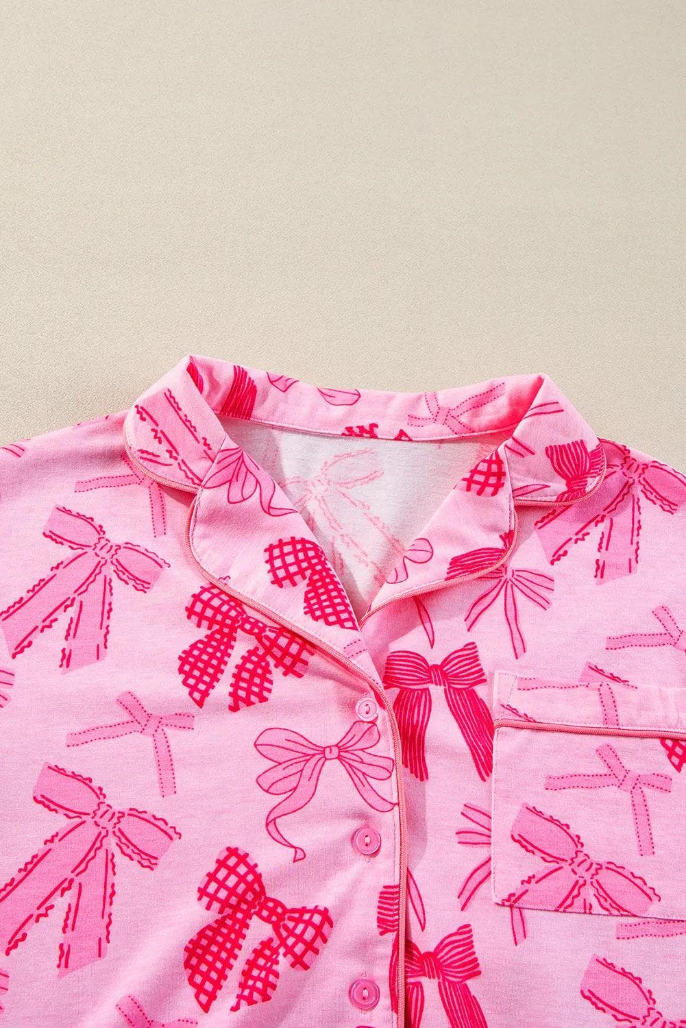 Loungewear & Sleepwear/Sleepwear Pink Bow Knot Print Lapel Collar Short Sleeve and Pants Pajamas Set