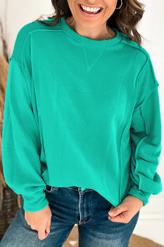 Mint Green Splicing Round Neck Pullover Sweatshirt - Chic Meadow Boutique 