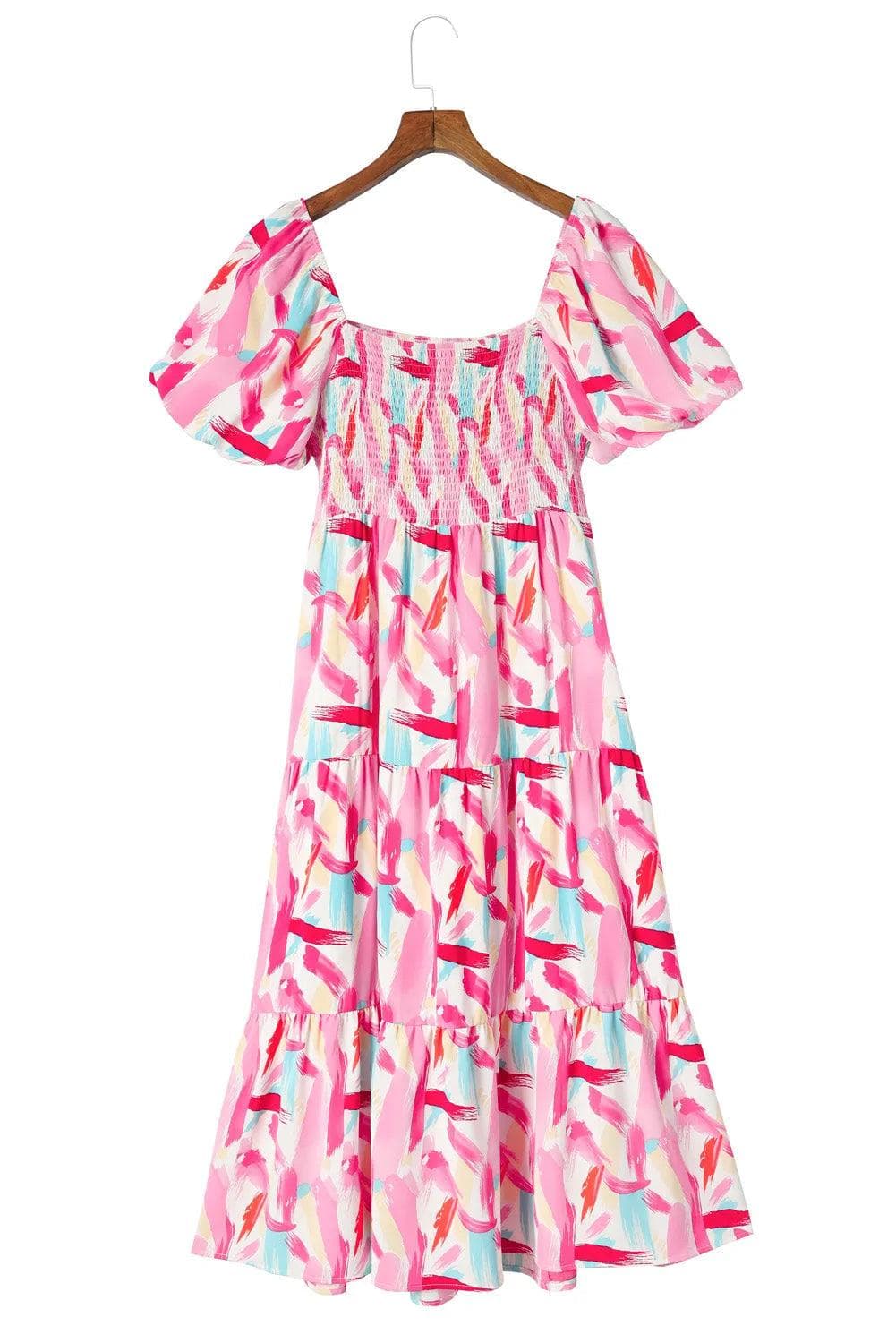 Dresses/Midi Dresses Pink Brush Stroke Printed Smocked Ruffle Tiered Dress