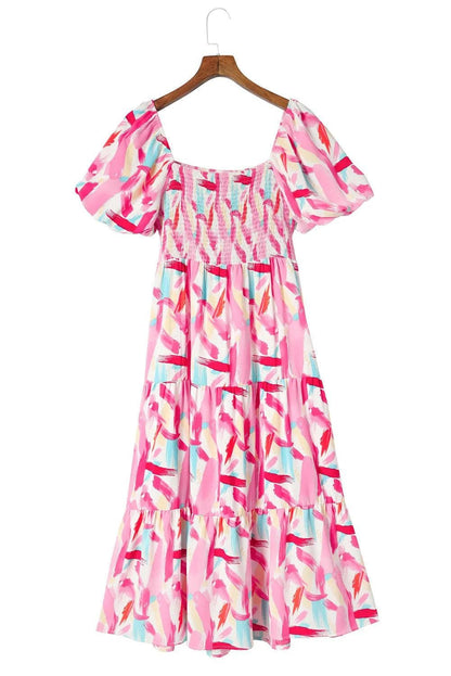 Dresses/Midi Dresses Pink Brush Stroke Printed Smocked Ruffle Tiered Dress