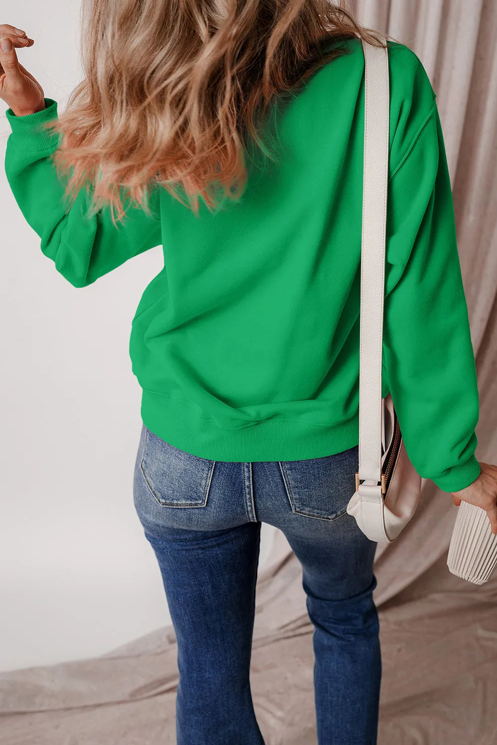 Dark Green Solid Fleece Lined Drop Shoulder Terry Sweatshirt - Chic Meadow Boutique 