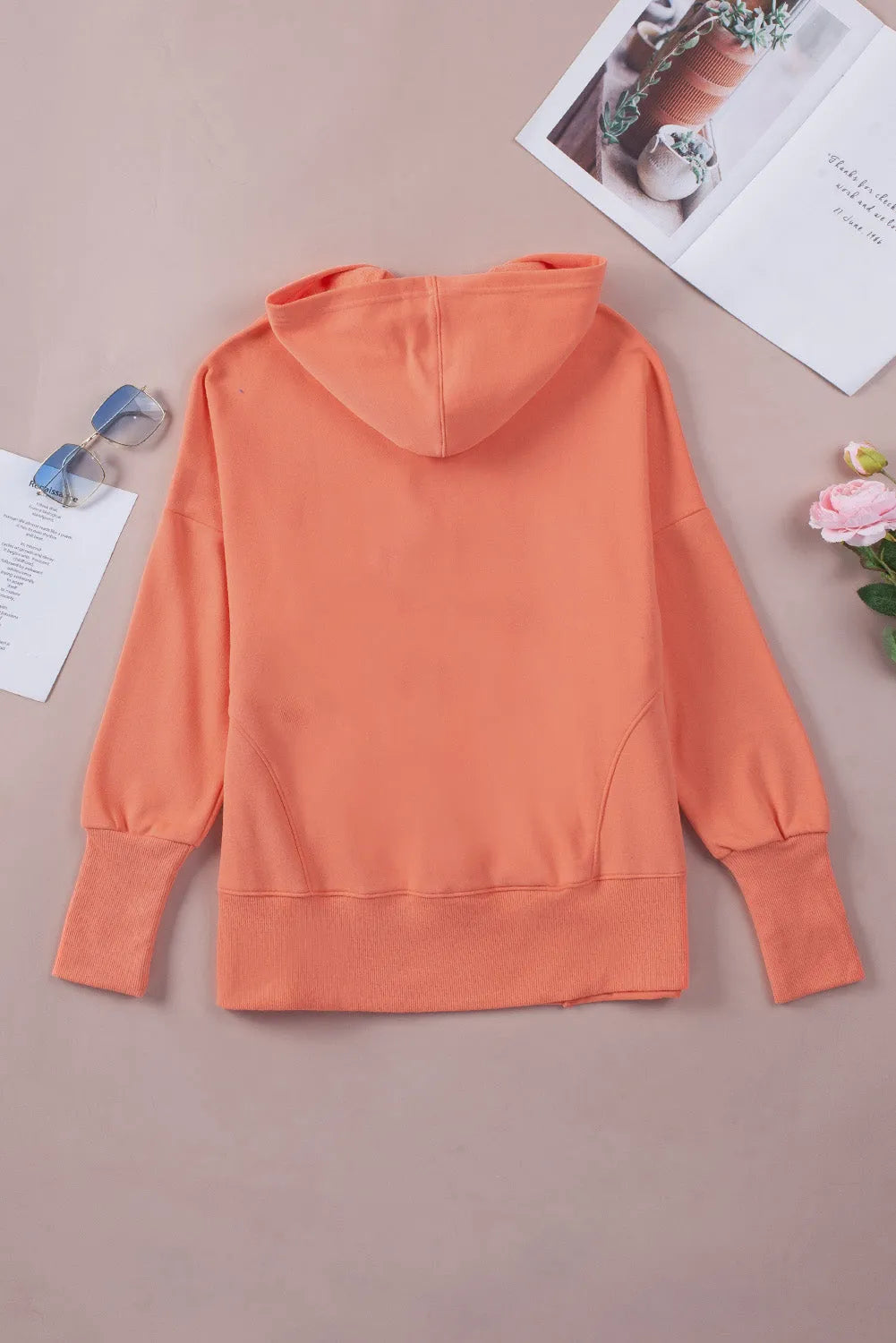 Orange Batwing Sleeve Pocketed Henley Hoodie - Chic Meadow Boutique 