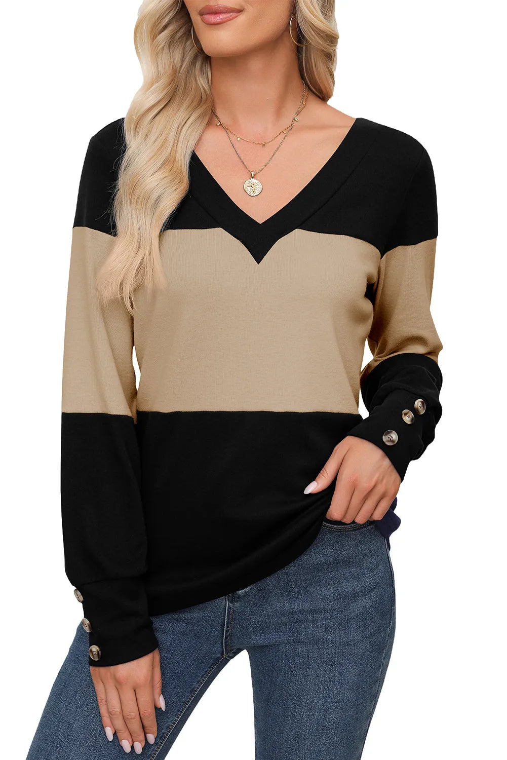 Parchment Colorblock Button Decor Long Sleeve V Neck Top - Chic Meadow Boutique 