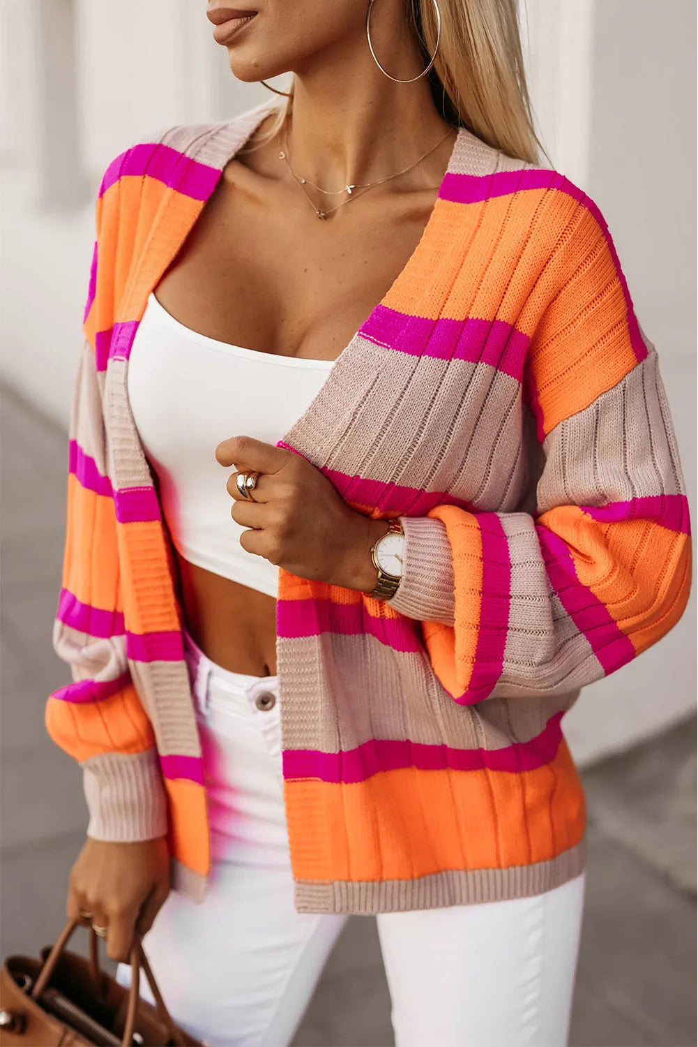 Orange Striped Colorblock Drop Shoulder Slouchy Cardigan - Chic Meadow Boutique 