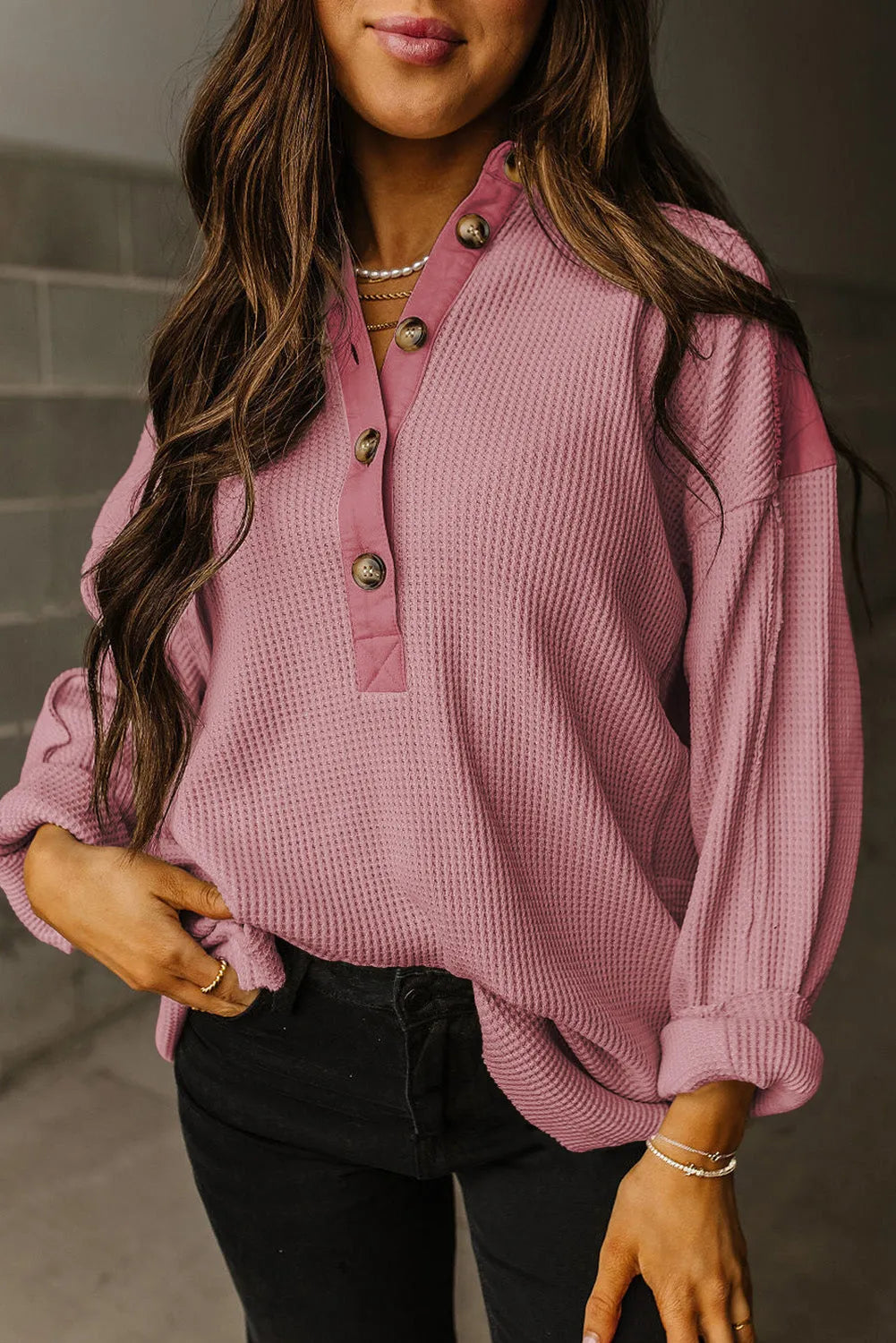 Pink Waffle Long Sleeve Collar Half Button Loose Top - Chic Meadow Boutique 