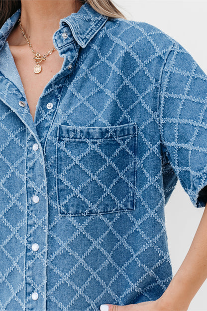 Dusk Blue Checkered Textured Short Sleeve Patched Pocket Denim Shirt