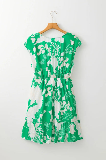 Green Floral Sleeveless V Neck Ruffled Hem Mini Dress - Chic Meadow Boutique 