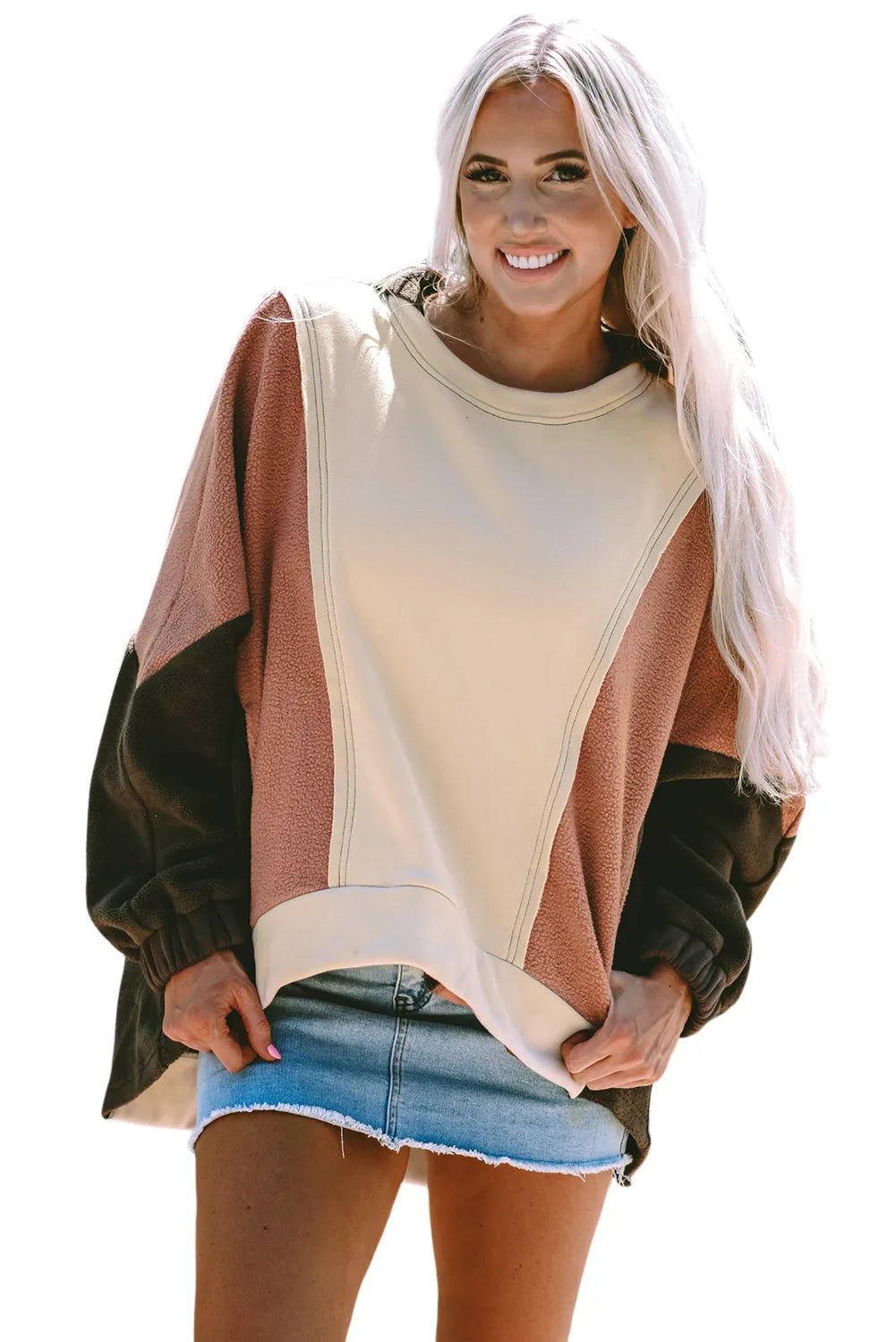 Beige Oversized Color Block Patchwork High Low Hoodie - Chic Meadow Boutique 