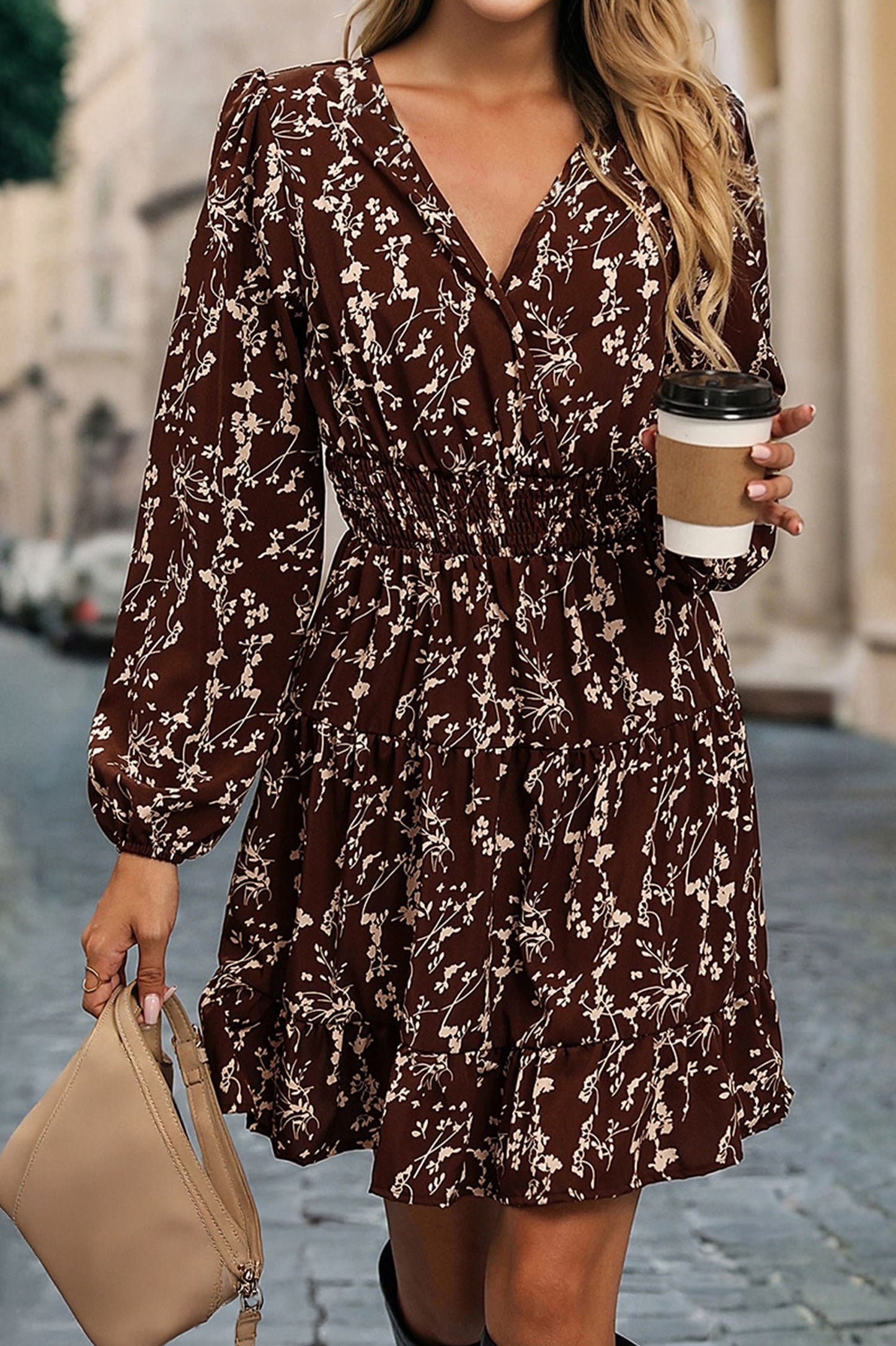 Brown Ditsy Floral Print Split Neck Long Sleeve Shirred Waist Flared Mini Dress