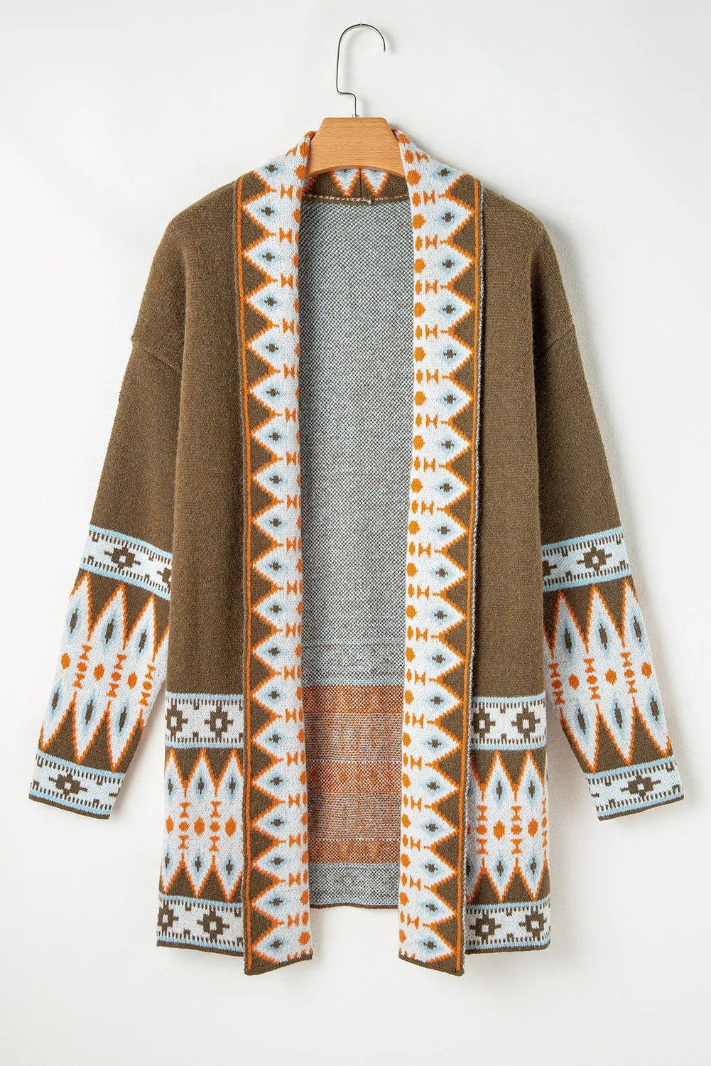 Brown Aztec Print Open Front Knitted Cardigan - Chic Meadow Boutique 