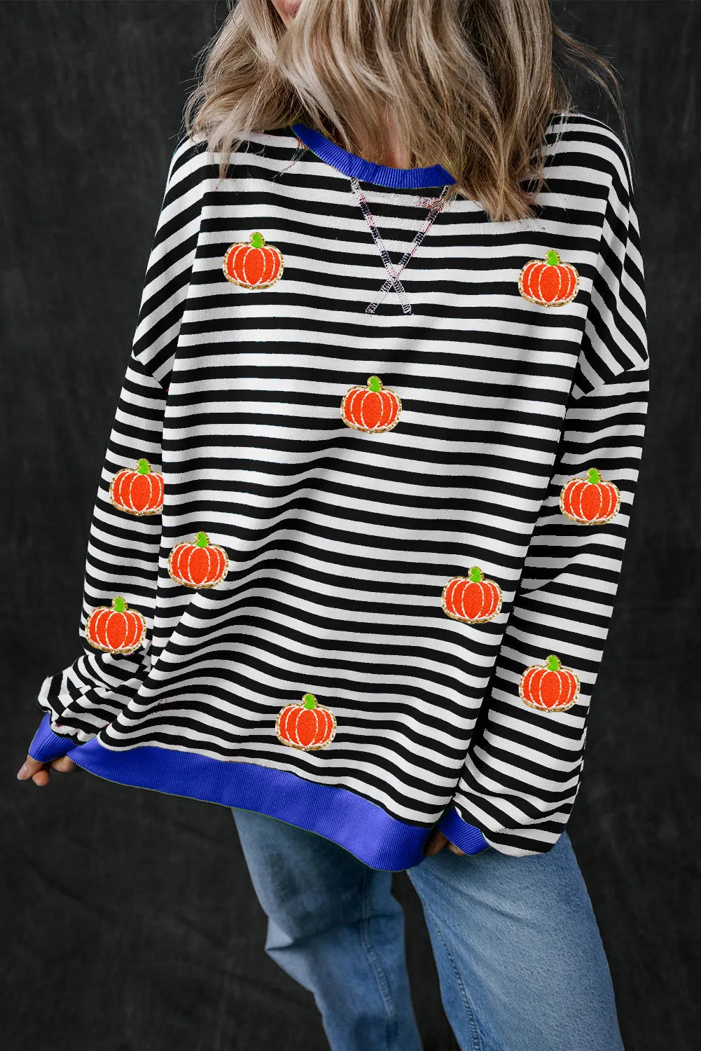 Black Stripe Glitter Halloween Pumpkin Print Oversized Sweatshirt - Chic Meadow Boutique 