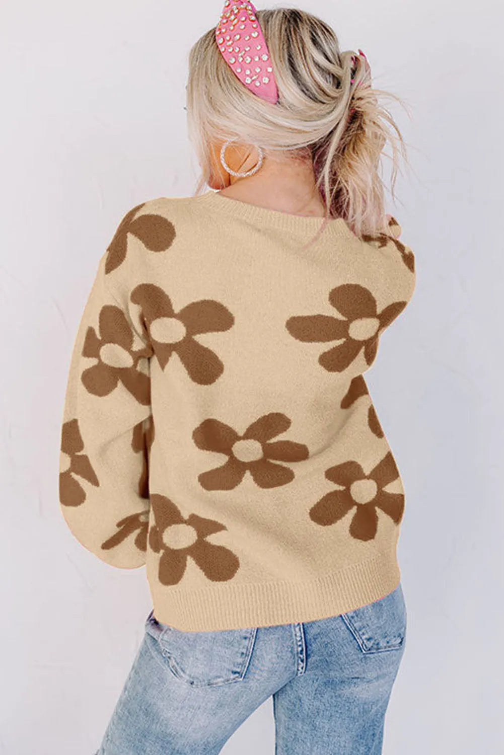 Parchment Big Flower Knit Ribbed Trim Sweater - Chic Meadow Boutique 