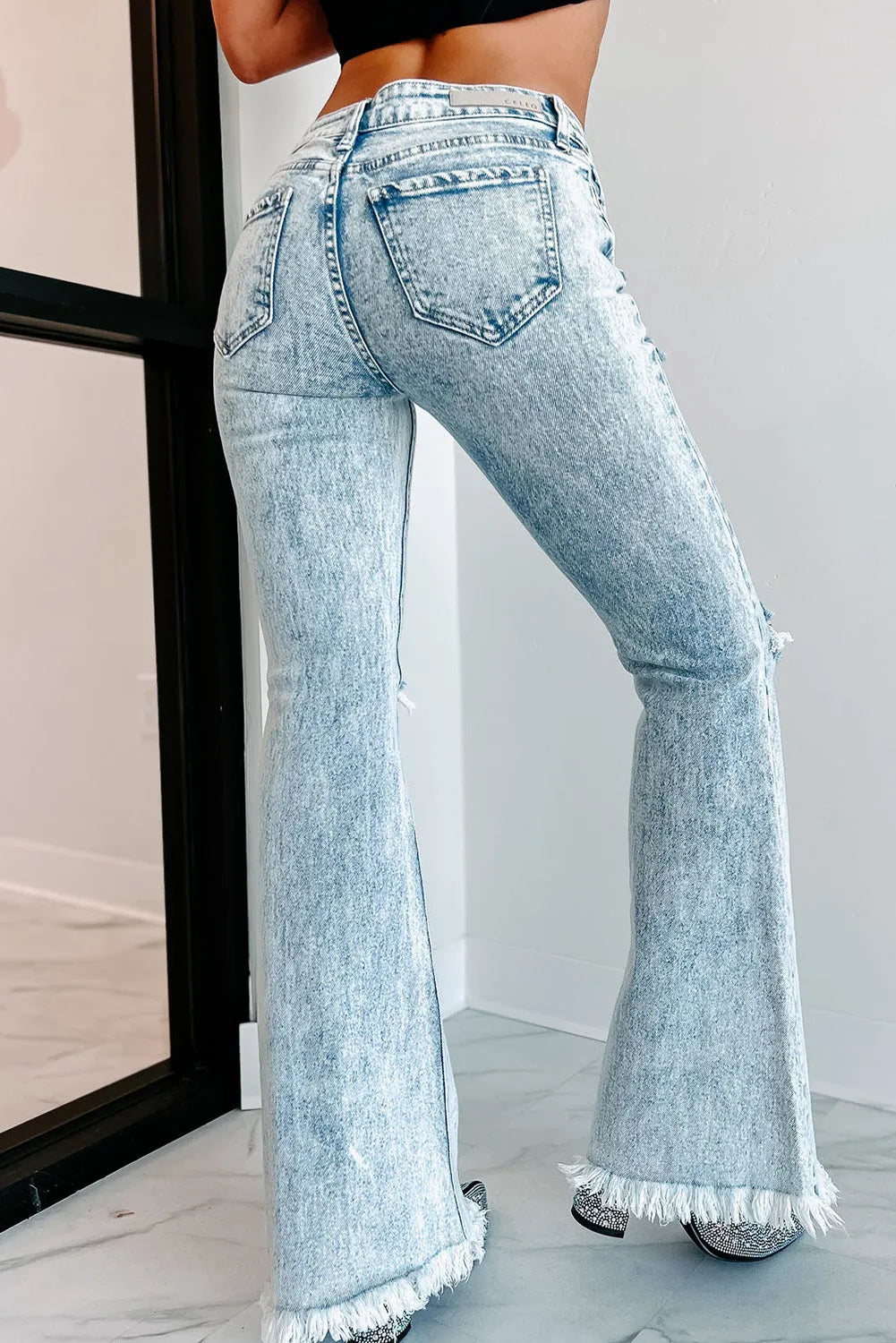 Sky Blue Distressed Acid Wash Flare Jeans - Chic Meadow Boutique 