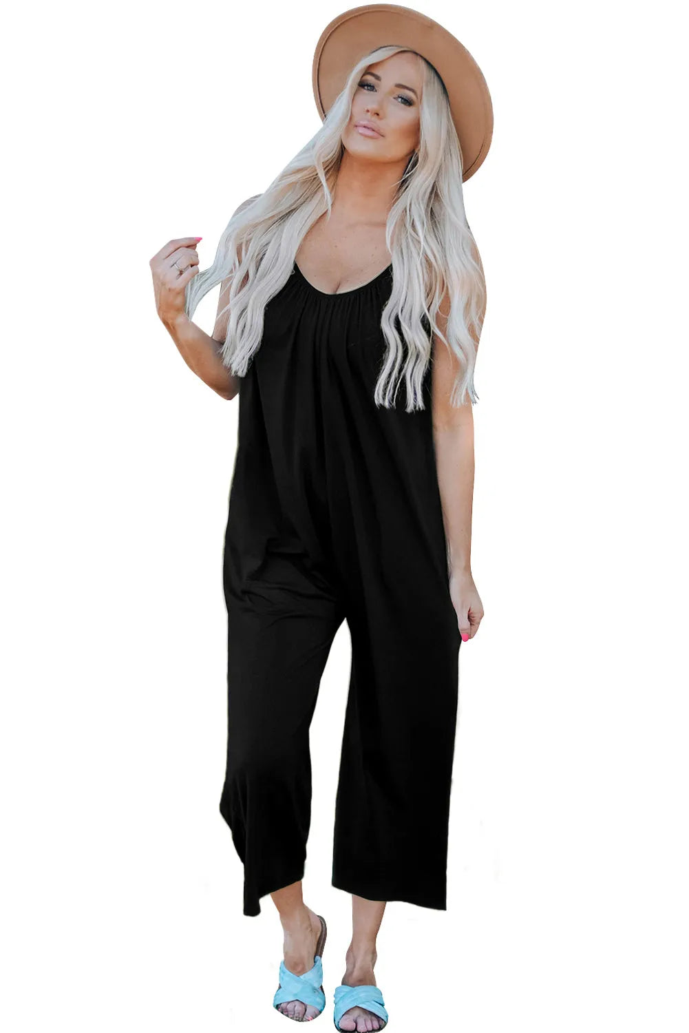 Black Spaghetti Straps Wide Leg Pocketed Jumpsuits - Chic Meadow Boutique 