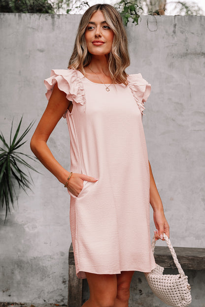 Light Pink Textured Flutter Sleeve Square Neck Bow Back Mini Dress
