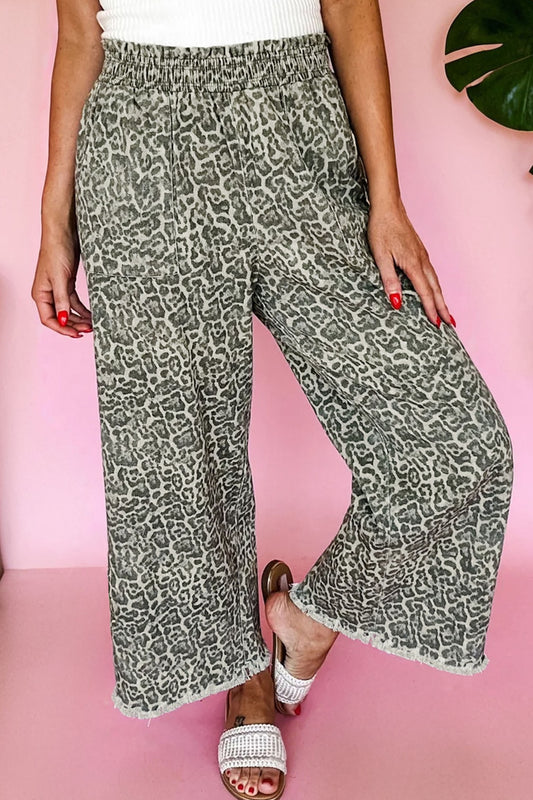 Brown Leopard Print Raw Hem Elastic Waist Loose Pull On Jeans