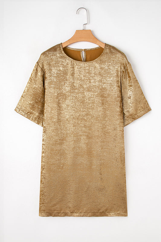Gold Metallic Luster Crewneck Mini T-Shirt Dress