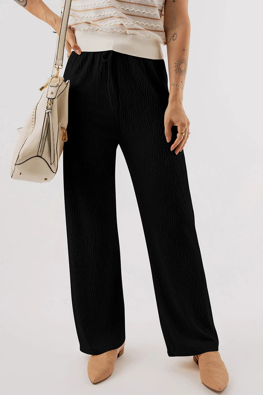 Black Textured Loose Drawstring Pants - Chic Meadow Boutique 