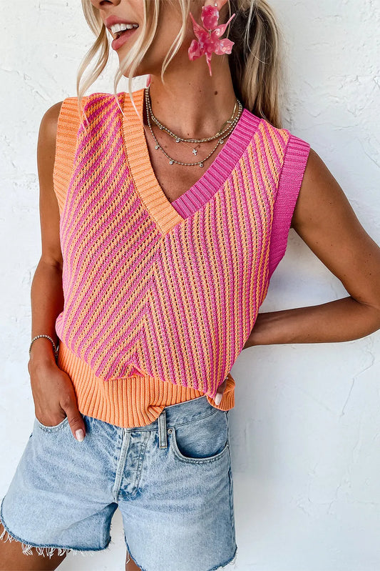 Strawberry Pink Contrast Chevron Knit V Neck Sweater Vest - Chic Meadow Boutique 