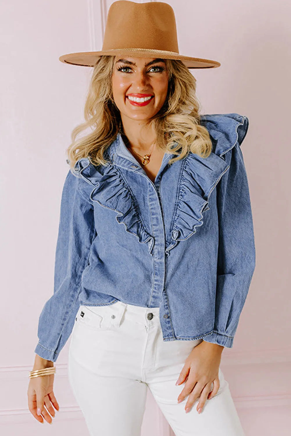 Dusk Blue Denim Ruffled Casual Top - Chic Meadow Boutique 