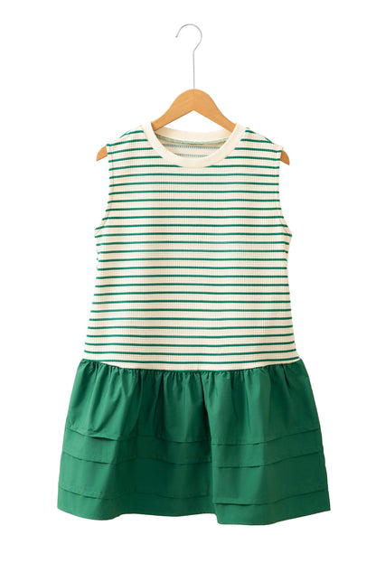 Green Stripe Woven Ruffled Sleeveless Mini Dress