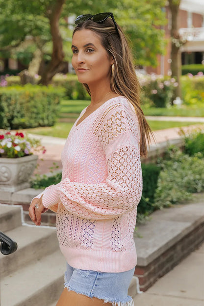 Pink Loose Pointelle Knit Ribbed V Neck Sweater - Chic Meadow Boutique 