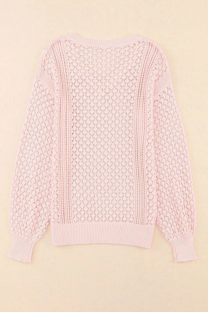 Pink Loose Pointelle Knit Ribbed V Neck Sweater - Chic Meadow Boutique 