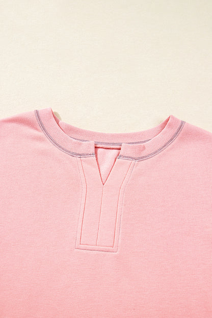 Apricot Pink Exposed Seam Color Block Patchwork Slit Cuffs Oversize Sweatshirt