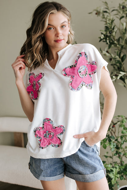 White Floral Applique Notched V Neck Dolman Sleeve Top