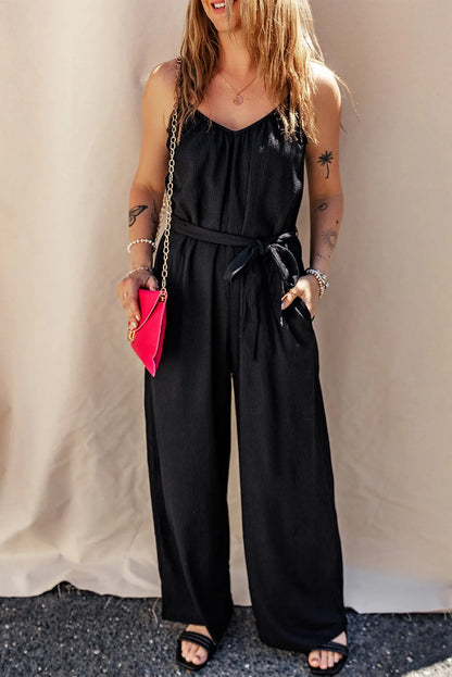 Black Textured Belted Wide Leg Sleeveless Jumpsuit - Chic Meadow Boutique 