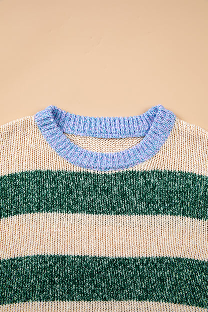 Green Stripe Striped Colorblock Drop Shoulder Pullover Sweater