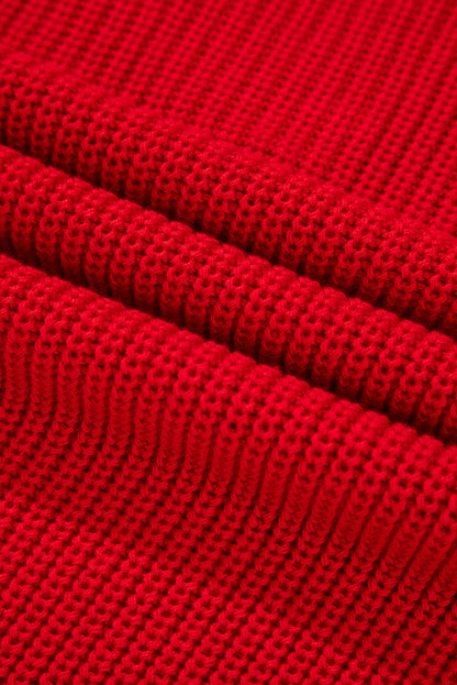 Racing Red Solid Textured Knit V Neck Drop Shoulder Sweater