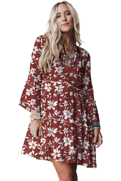 Red Boho Floral Print Lettuce Trim 3/4 Sleeve Mini Dress