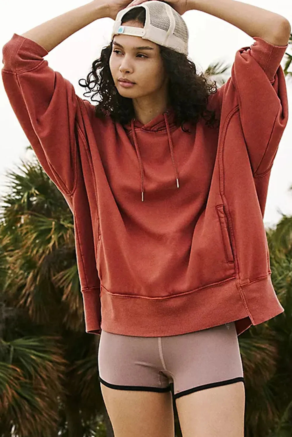 Red Clay Drop Shoulder Pocketed Baggy Drawstring Hoodie - Chic Meadow Boutique 