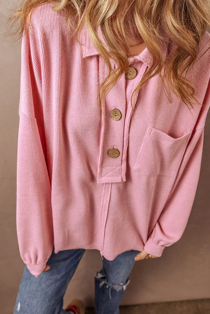 Pink Ribbed Knit Collared Henley Top with Chest Pocket - Chic Meadow Boutique 