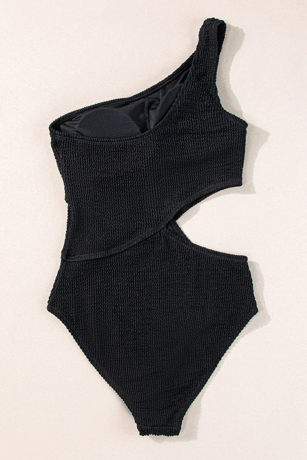 Black Solid Textured Cut Out One Shoulder Monokini - Chic Meadow Boutique 