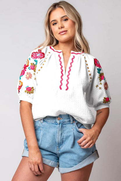 White Floral Embroidered Ricrac Puff Sleeve Textured Blouse - Chic Meadow Boutique 