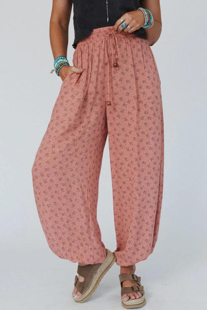 Bottoms/Pants & Culotte Pink Boho Floral Printed Wide Leg Jogger Pants